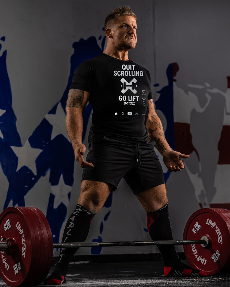 Quit Scrolling Go Lift Shirt | Funny Gym Motivation Tee | Limitless Powerlifting image 2