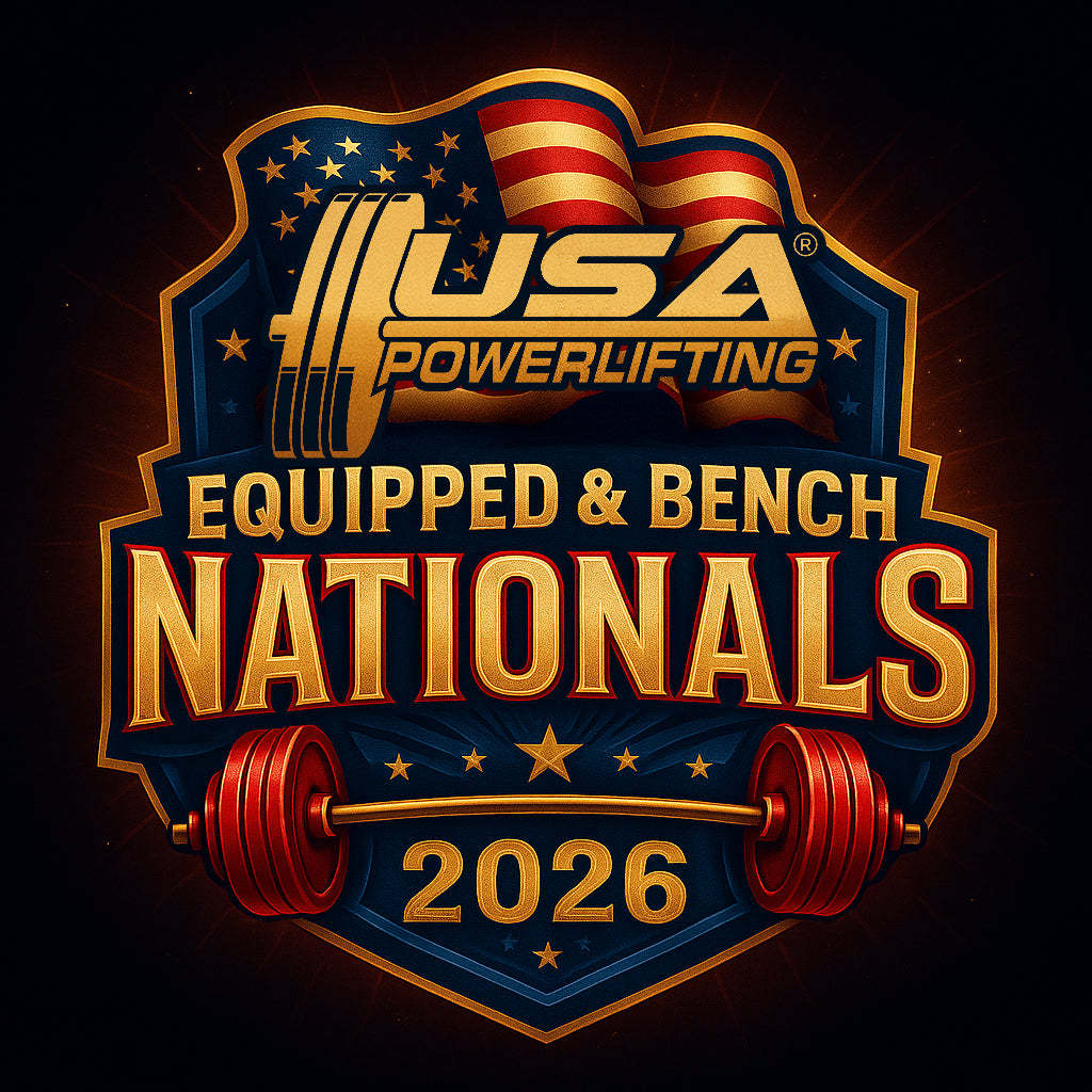USA Powerlifting Equipped & Bench Nationals 2026 logo with American flag design on a dark background