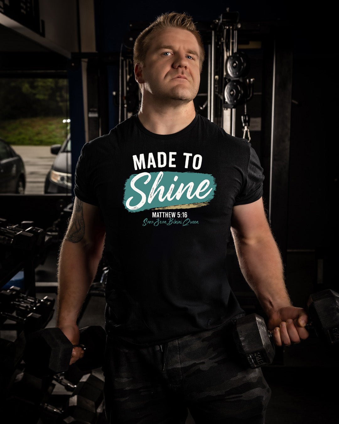 Made to Shine – Matthew 5:16 Christian Shirt | Faith & Fitness Tee image 2