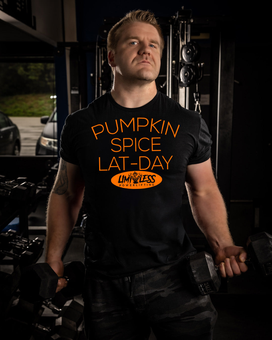 Pumpkin Spice Lat-Day Shirt | Limitless Powerlifting Gym Tee | Funny Fall Workou image 1