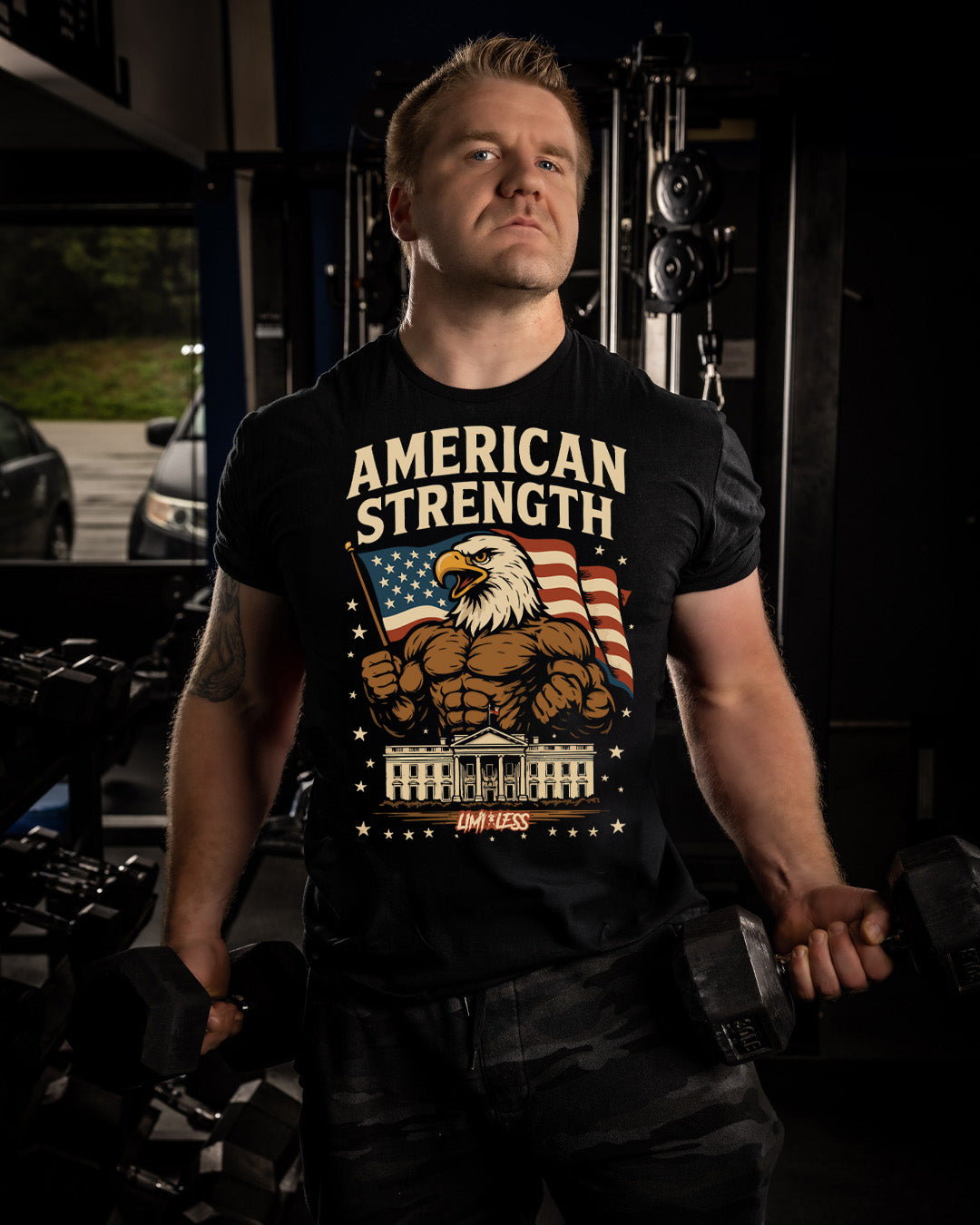 American Strength Gym Shirt | Limitless Powerlifting Patriotic Workout Tee | USA image 1