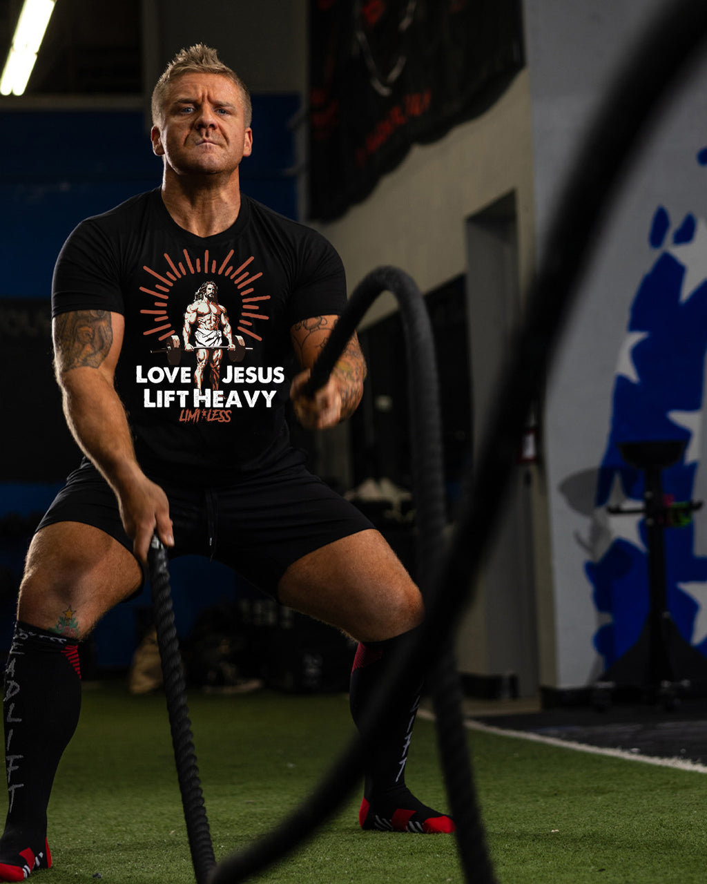 Love Jesus Lift Heavy Shirt | Christian Gym Tee | Faith & Fitness Workout Shirt image 1