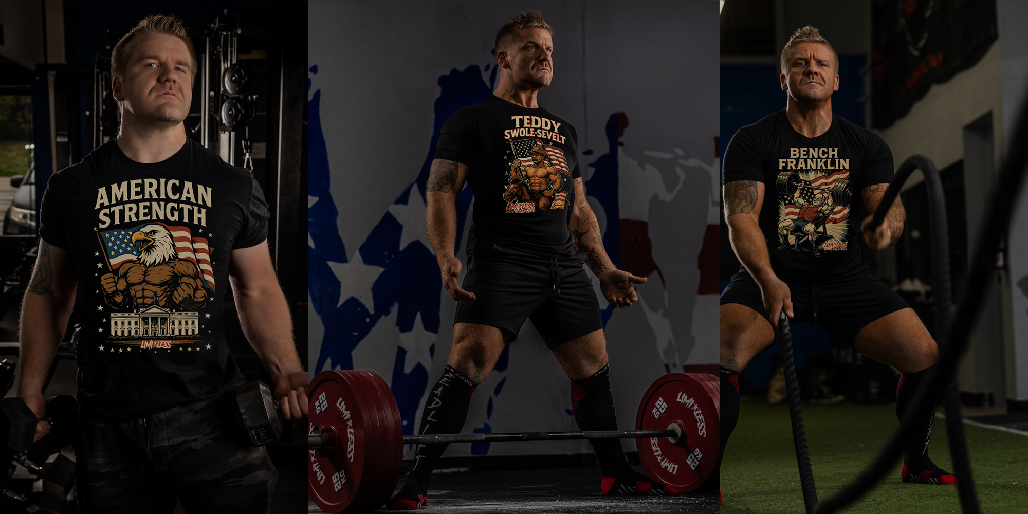 Three images of a man lifting weights with different poses and Limitless t-shirt designs.