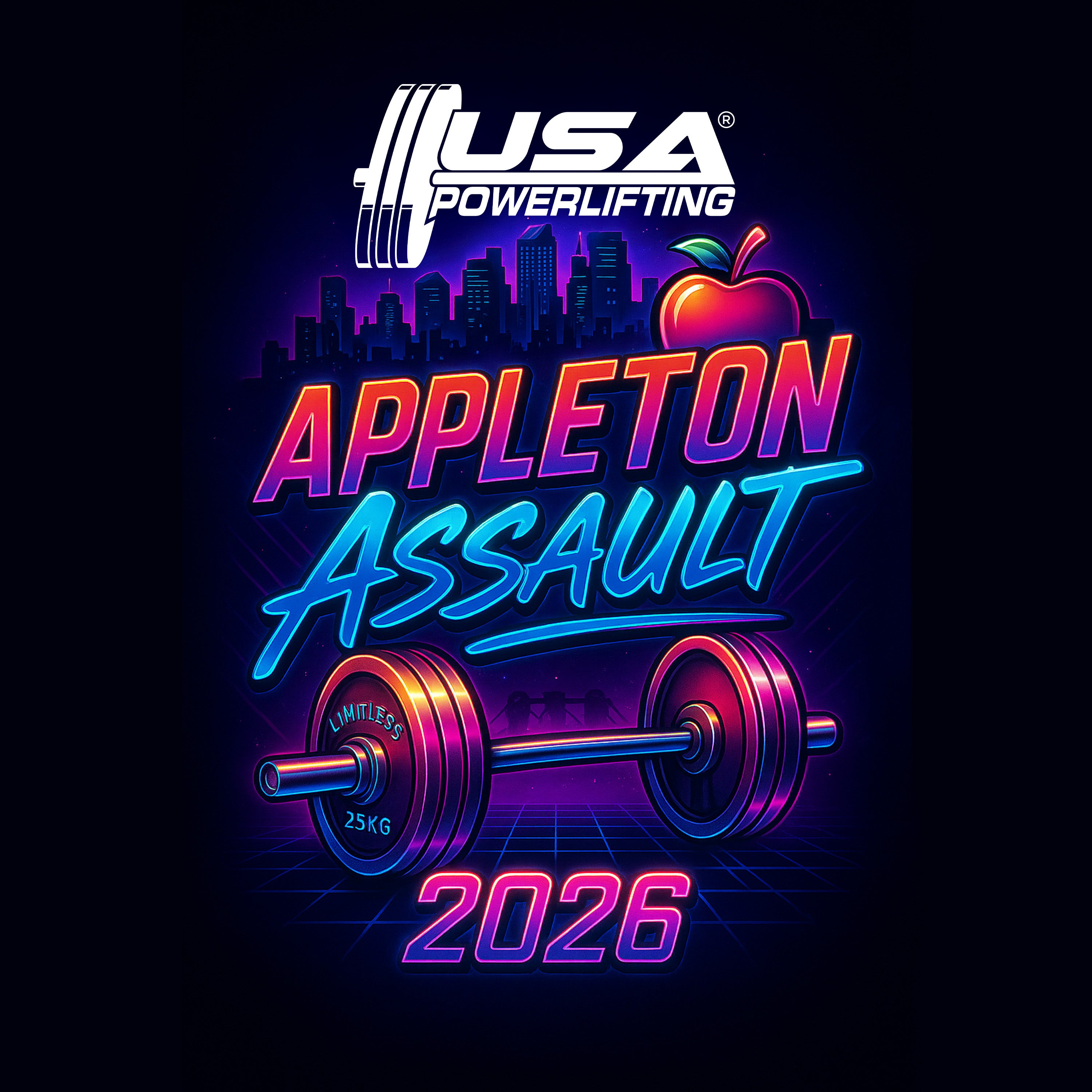 Promotional graphic for USA Powerlifting Appleton Assault event in 2026 with neon text and barbell illustration.
