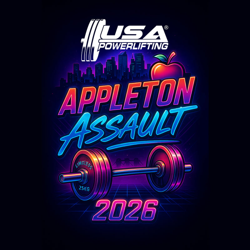 Promotional graphic for USA Powerlifting Appleton Assault event in 2026 with neon text and barbell illustration.