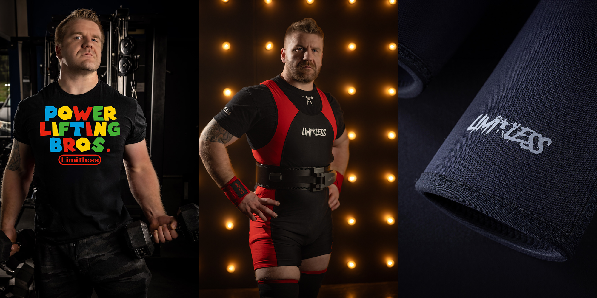 Two powerlifters in a gym setting with 'Powerlifting Bros' shirts and a close-up of a weightlifting belt.