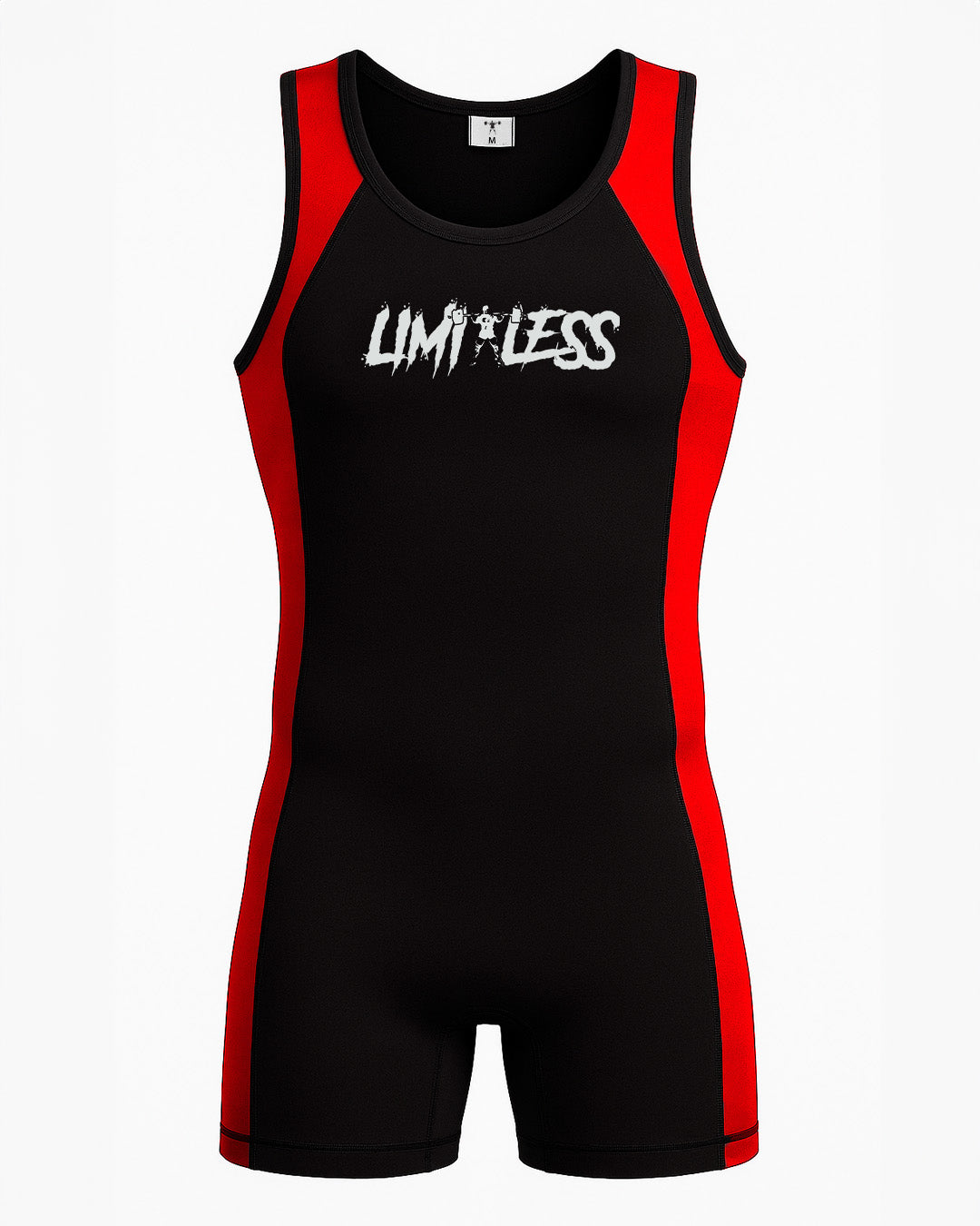 Black and red powerlifting singlet with 'Limitless' logo on a white background