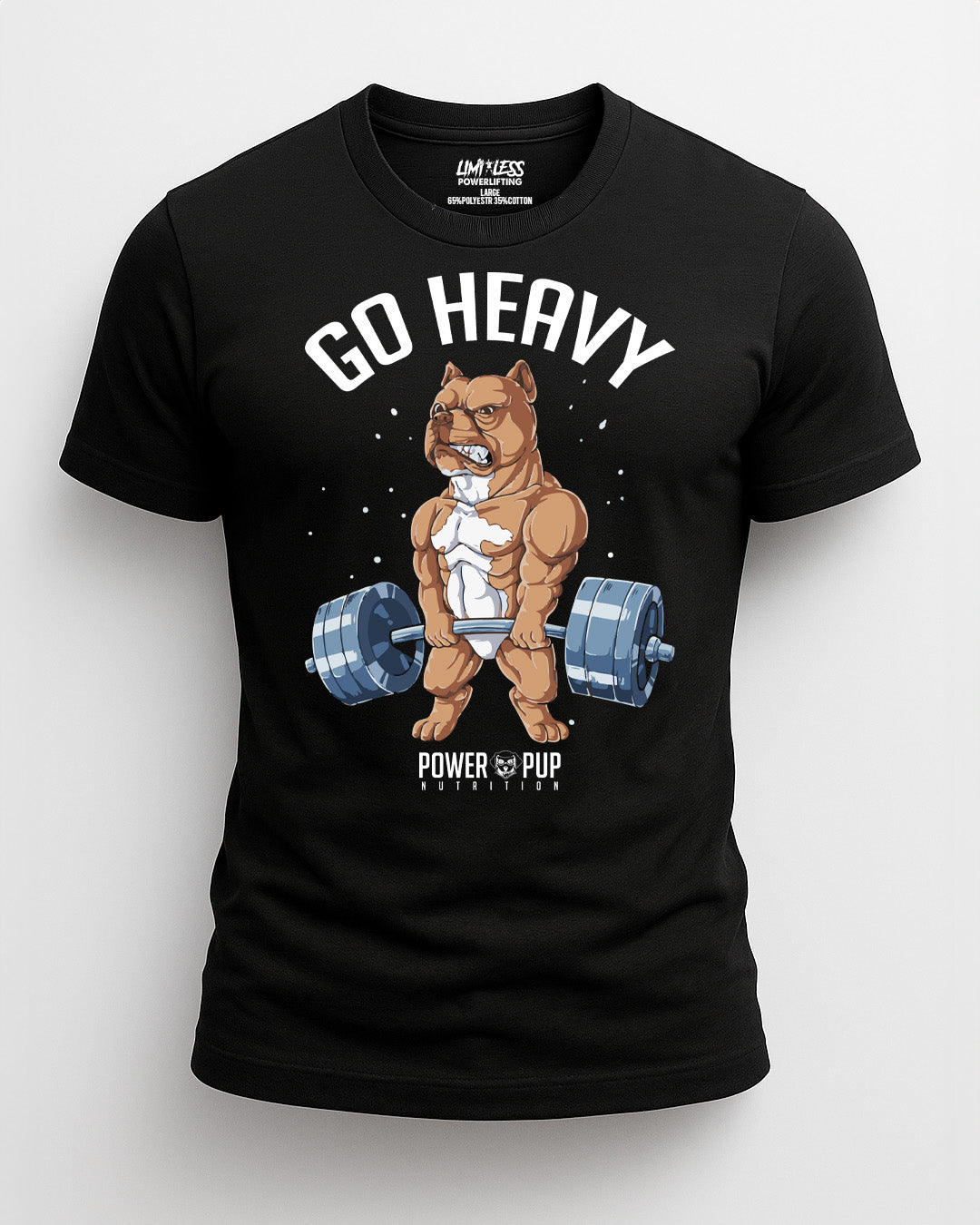 Black t-shirt with a graphic of a bulldog lifting weights and 'GO HEAVY' text on a white background.