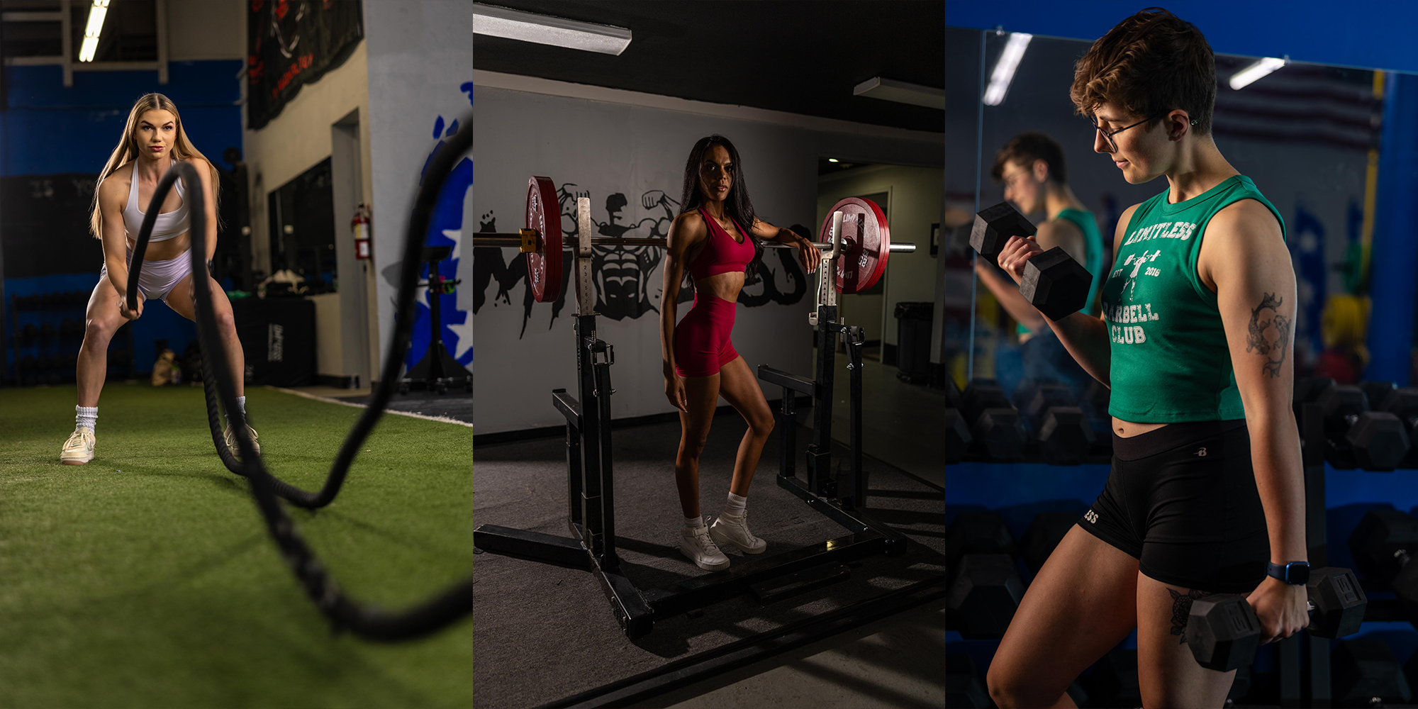 Three women exercising in a Limitless gym setting.