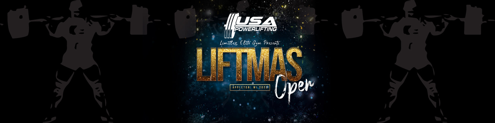 Promotional graphic for a fitness event with silhouettes of people lifting weights and text overlay.