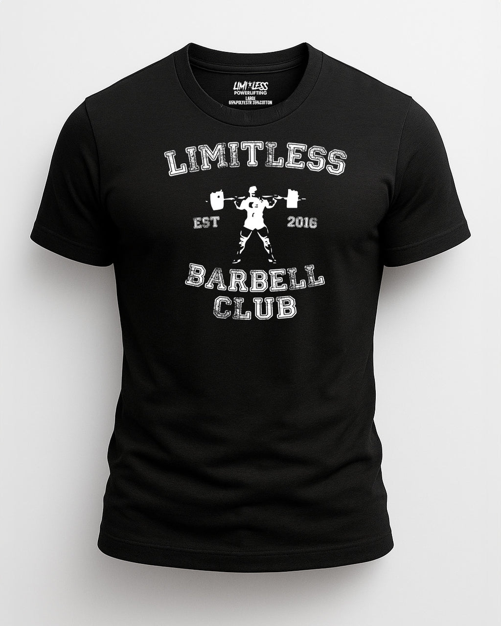 Black t-shirt with 'Limitless Barbell Club' text and graphic on a white background
