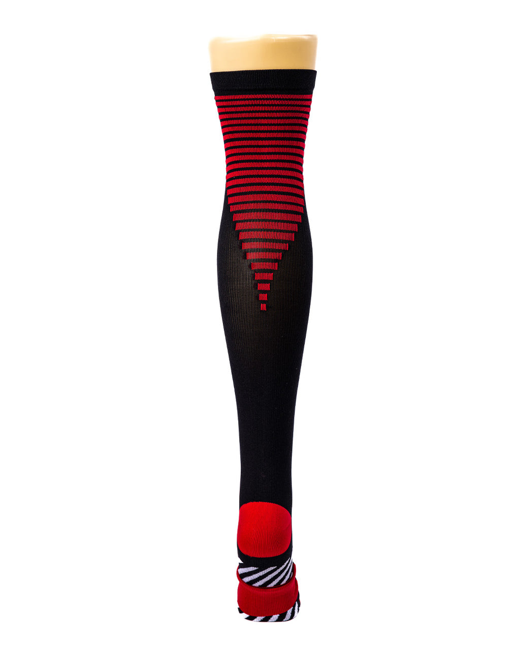 Black knee-high sock with red stripes and red toe and heel on a white background