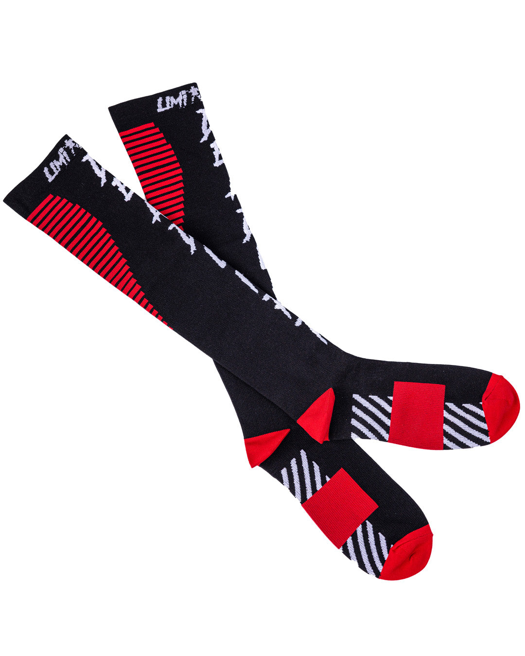 Black, red, and white socks with deadlift socks on a white background