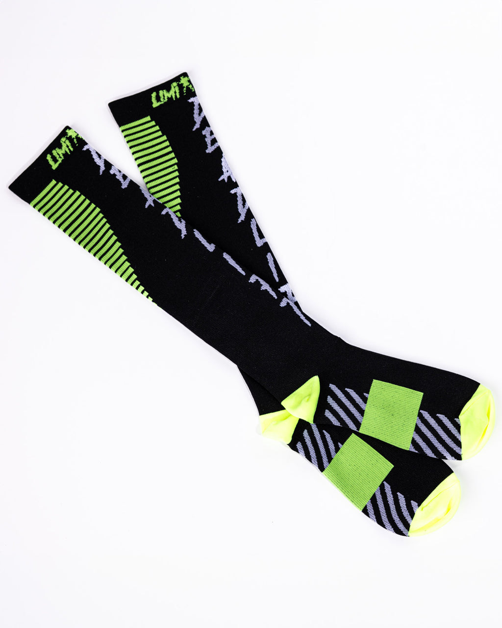 Limitless black deadlift socks with green and yellow accents on a white background
