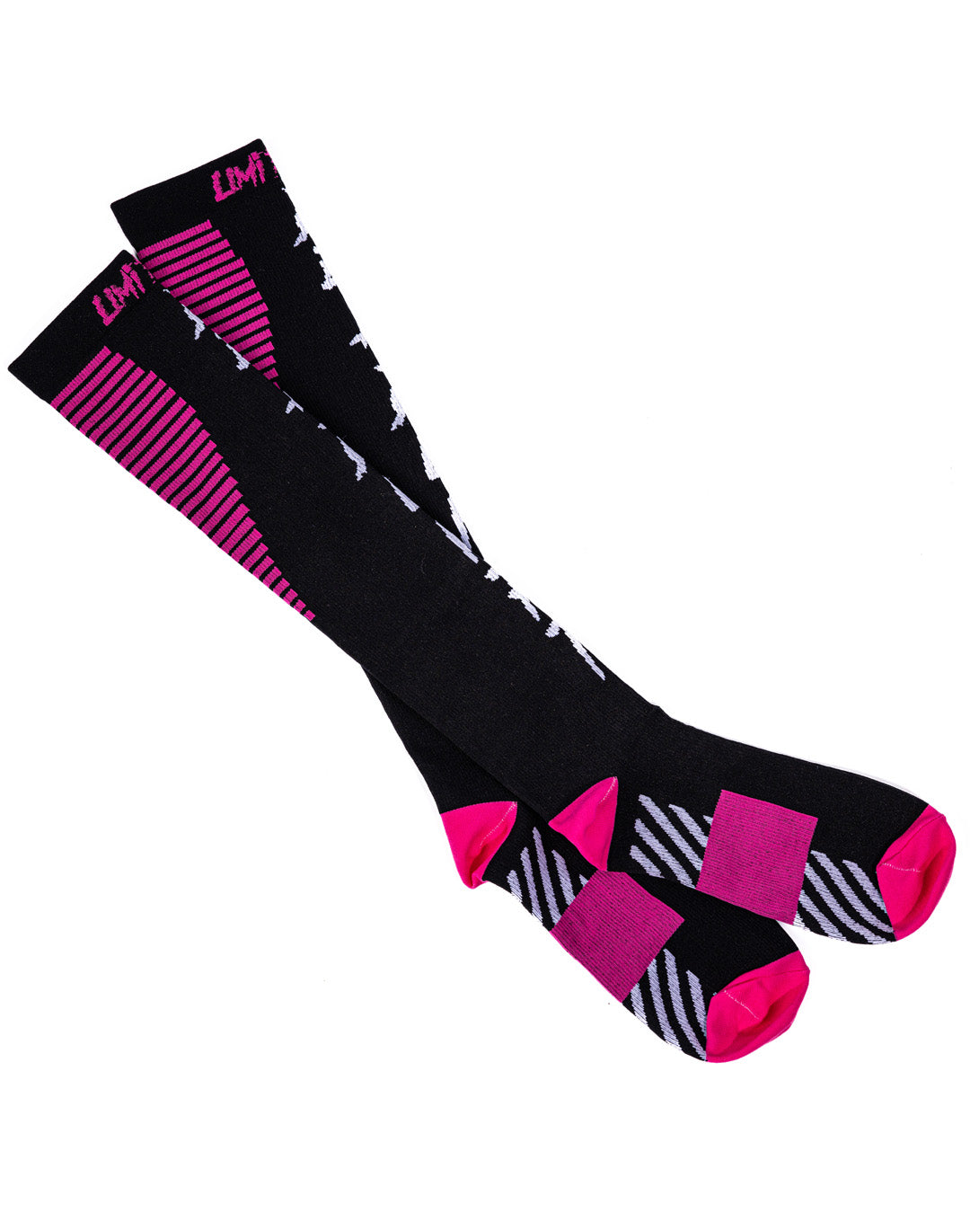 Limitless black and pink deadlift socks with geometric pattern on a white background