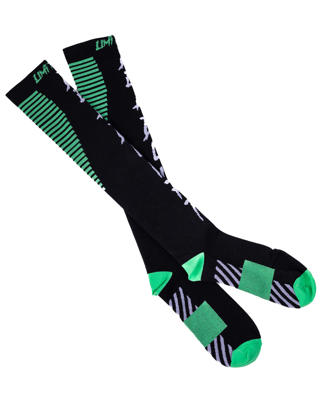 Limitless black deadlift socks with green accents on a white background