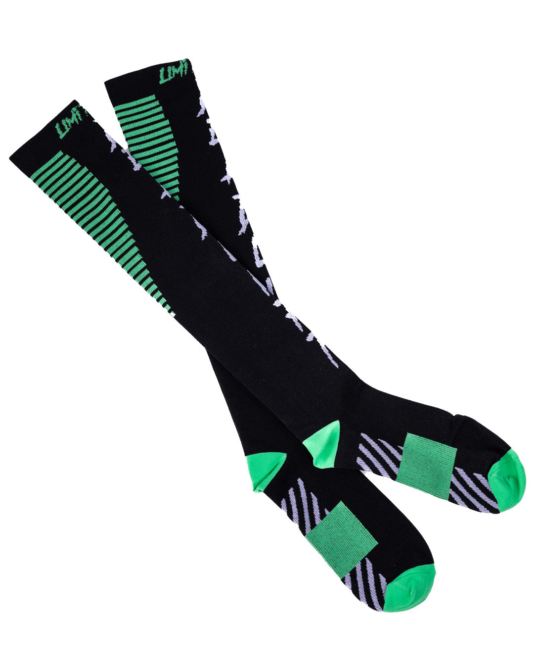 Limitless black deadlift socks with green accents on a white background