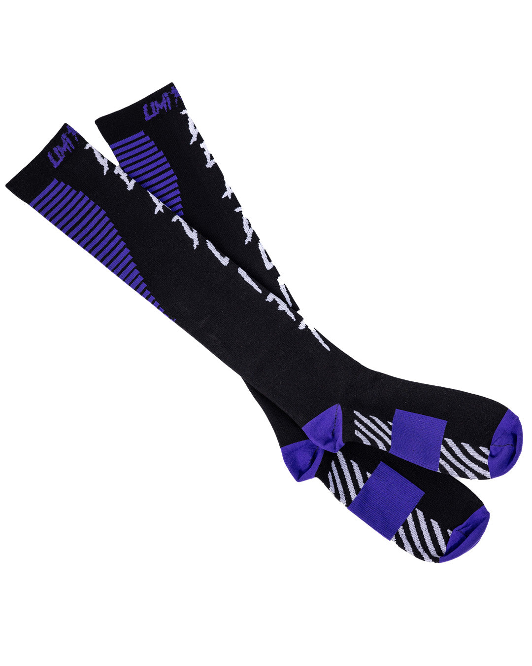 Limitless Black deadlift socks with purple and white patterns on a white background
