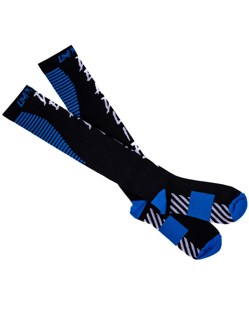 Black and blue deadlift socks with geometric pattern on a white background