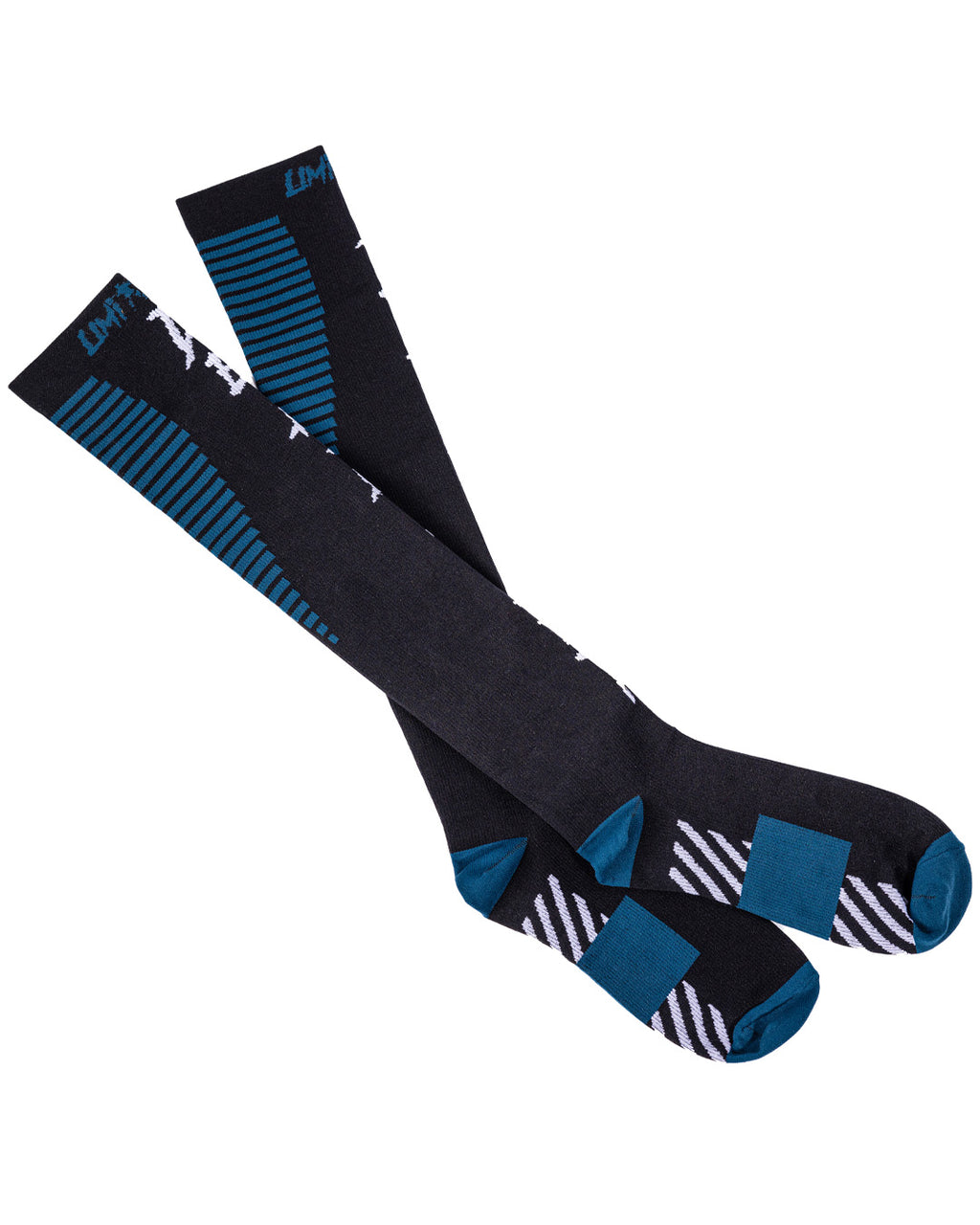Black and blue deadlift socks with striped patterns on a white background