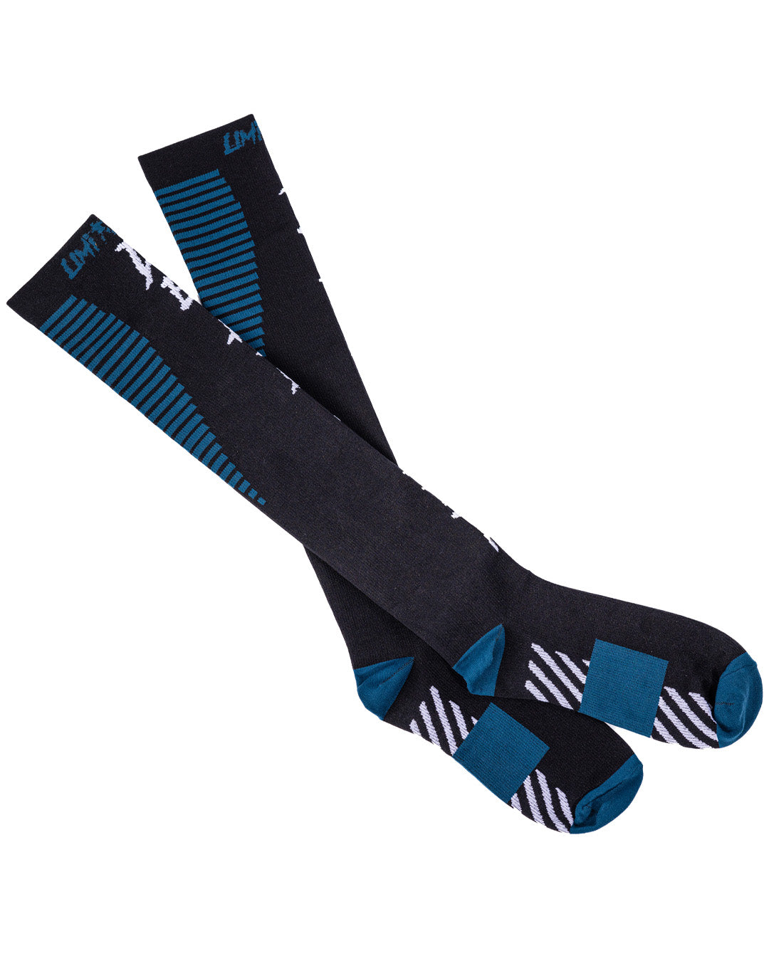 Black and blue deadlift socks with striped patterns on a white background