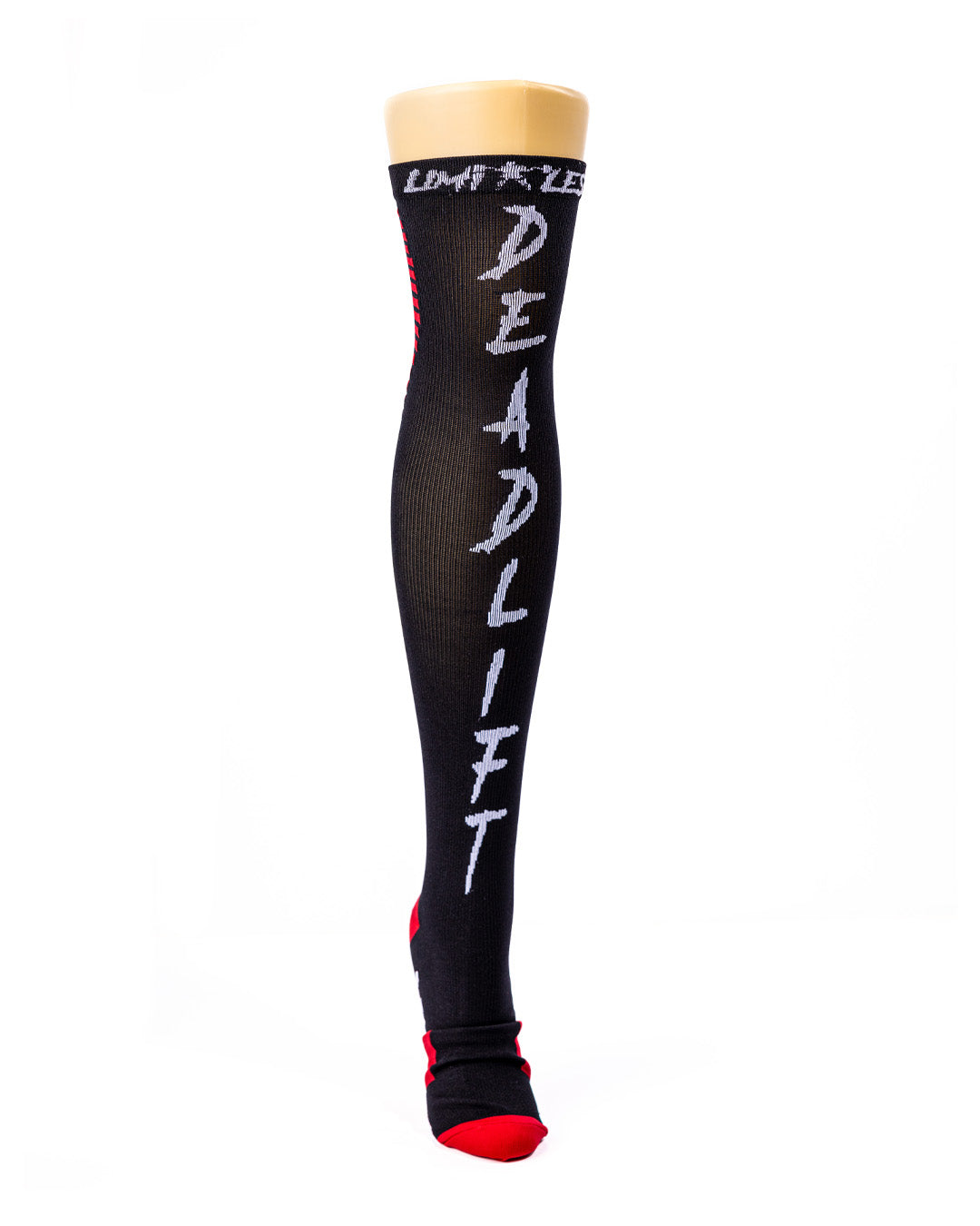 Black compression sock with 'DEADLIFT' text on a white background