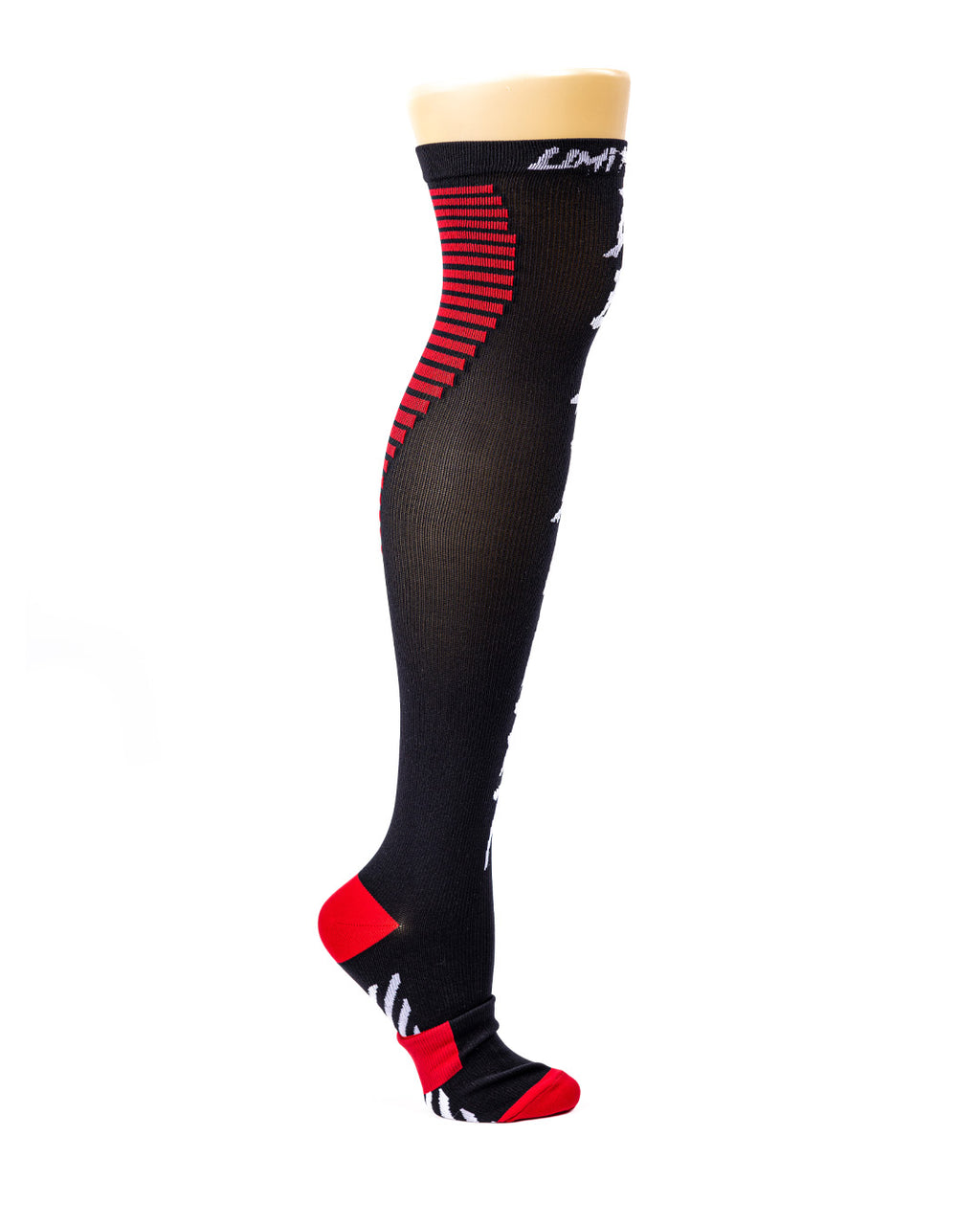 Black knee-high deadlift sock with red accents on a white background
