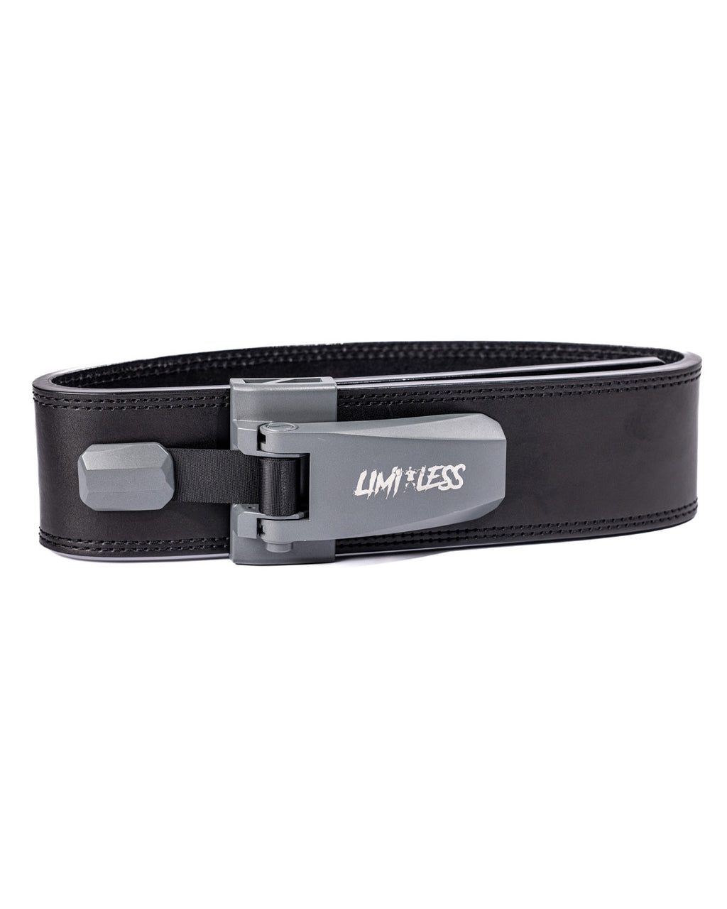 Limitless Black leather belt with a silver buckle on a white background