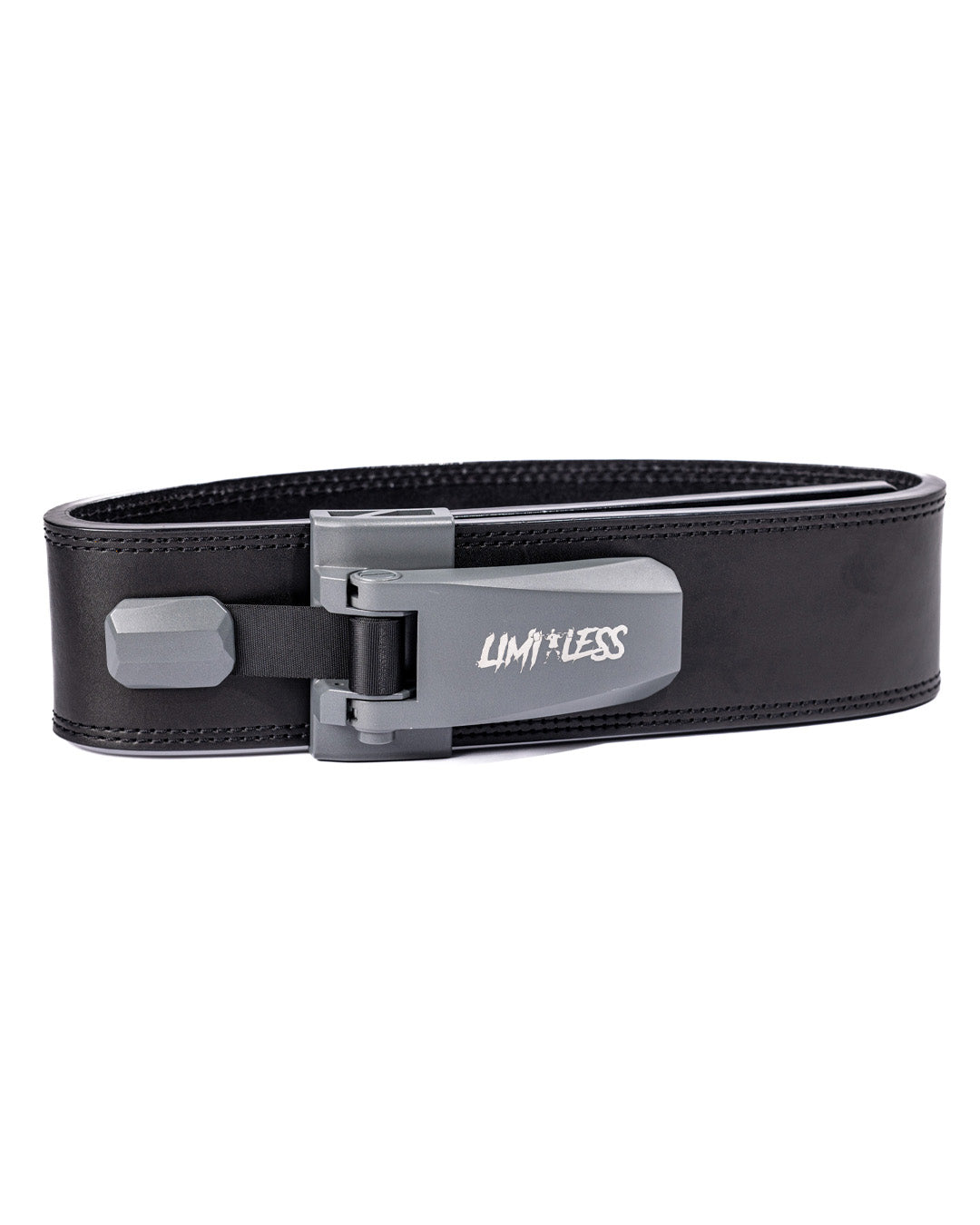 Limitless Black leather belt with a silver buckle on a white background