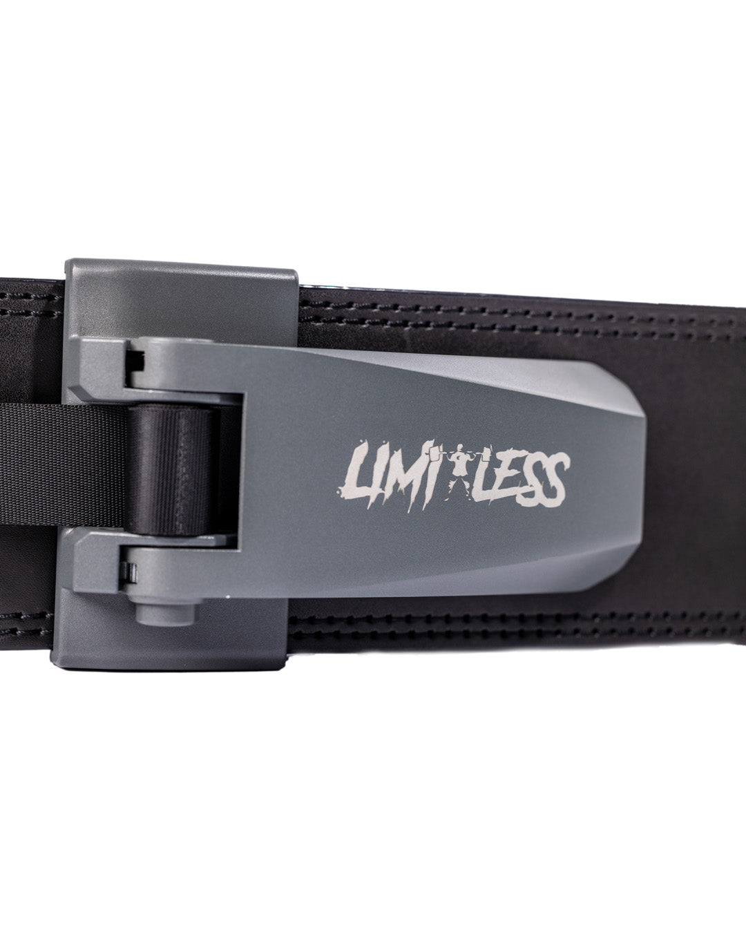 Black belt with gray buckle featuring 'Limitless' branding on a white background