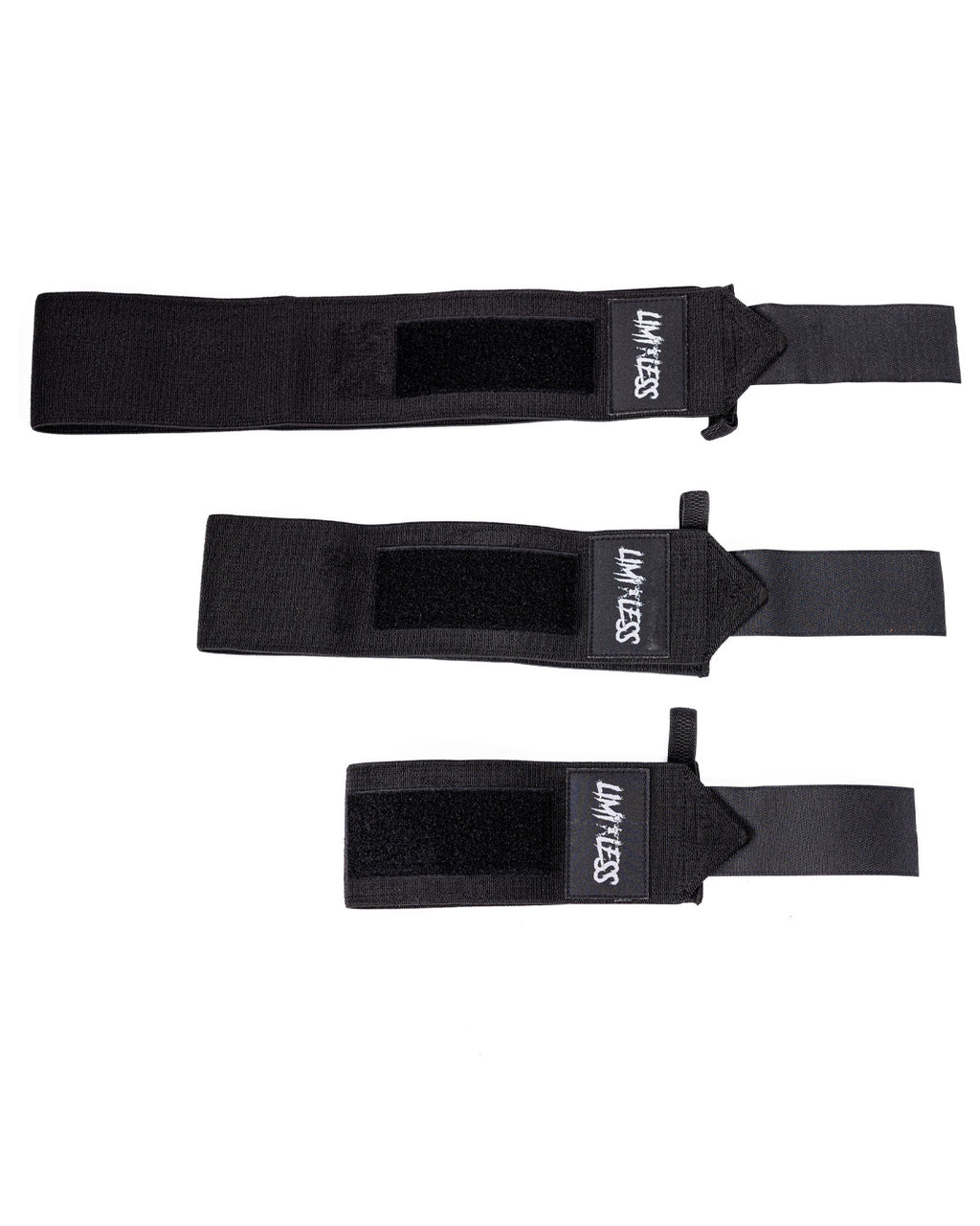 Limitless black wrist wraps in three sizes on white background