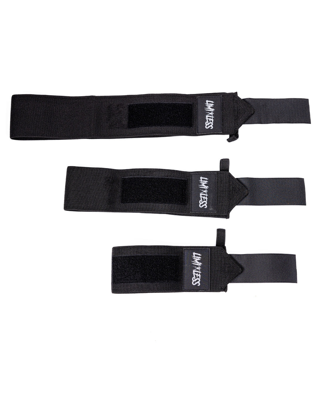 Limitless black wrist wraps in three sizes on white background