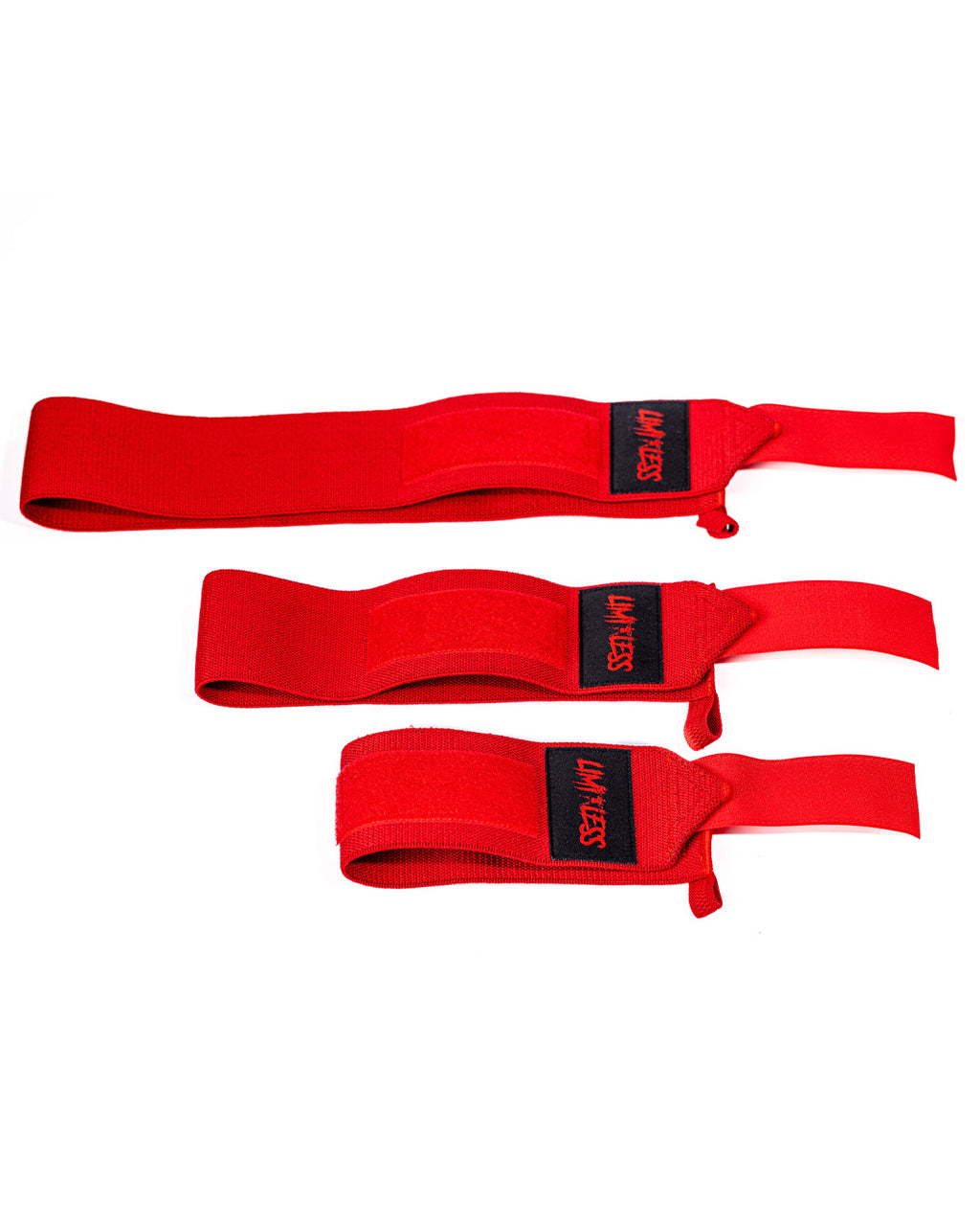 Limitless red wrist wraps in three sizes on white background