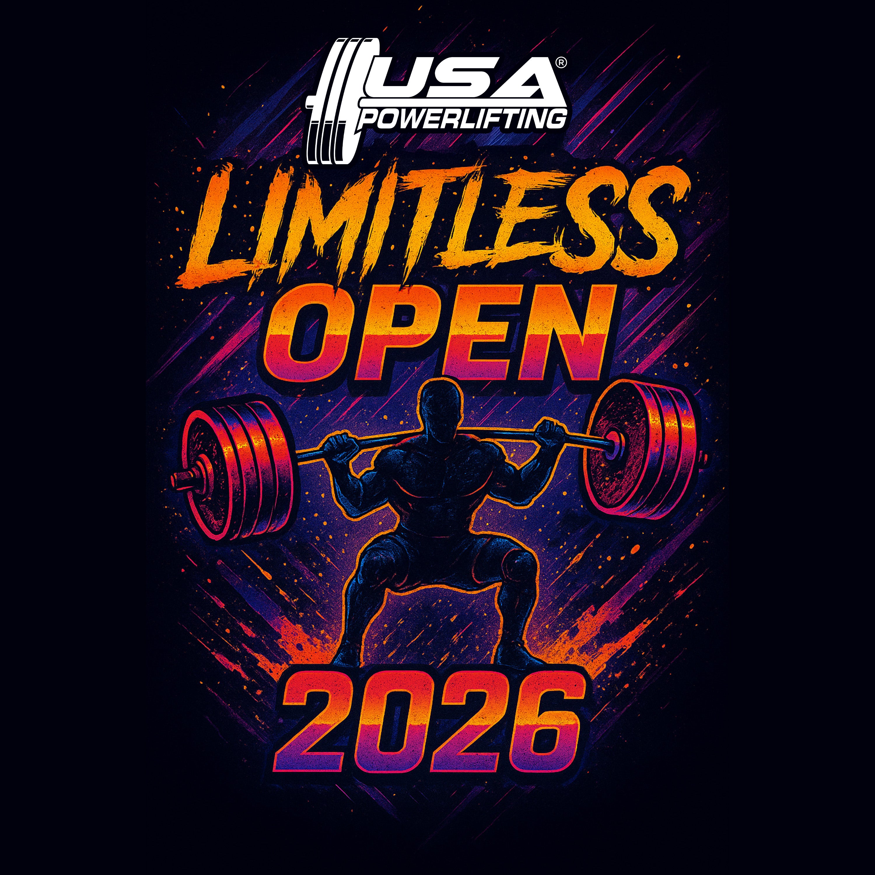 Promotional graphic for USA Powerlifting Limitless Open 2026 featuring a silhouette of a powerlifter lifting weights.