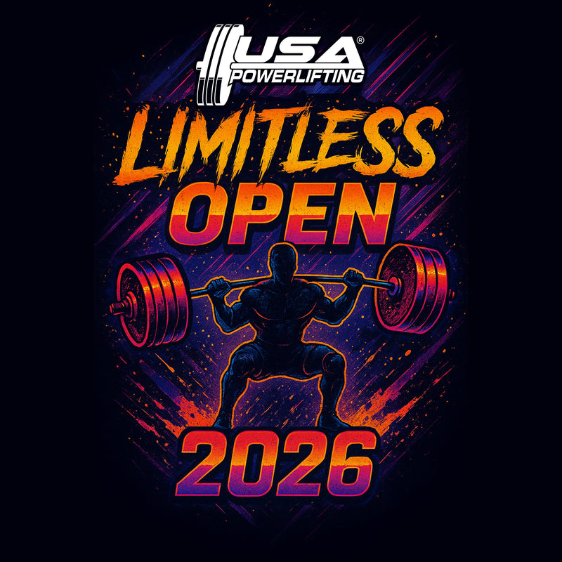 Promotional graphic for USA Powerlifting Limitless Open 2026 featuring a silhouette of a powerlifter lifting weights.