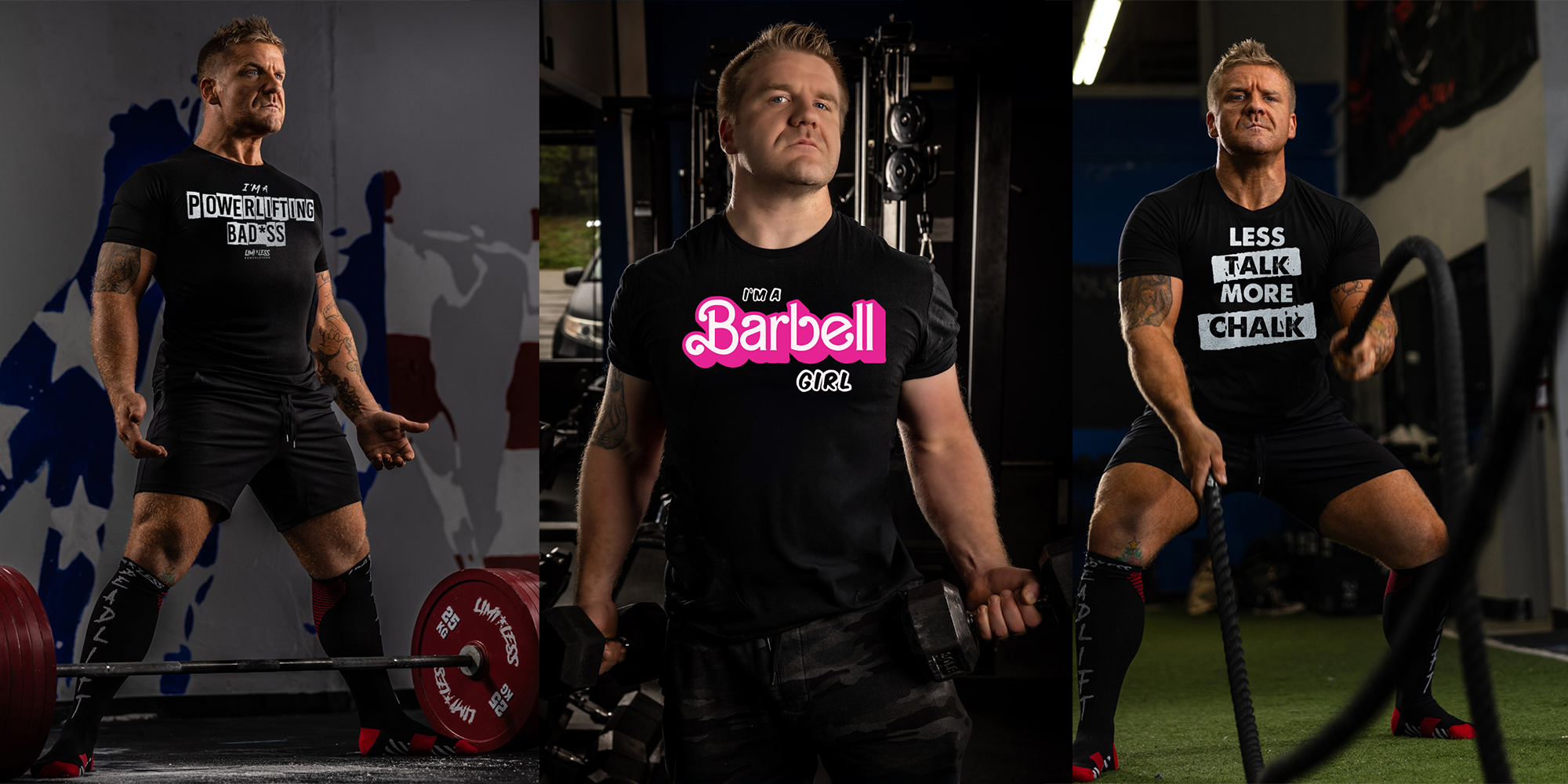 Limitless apparel hero banner featuring three designs