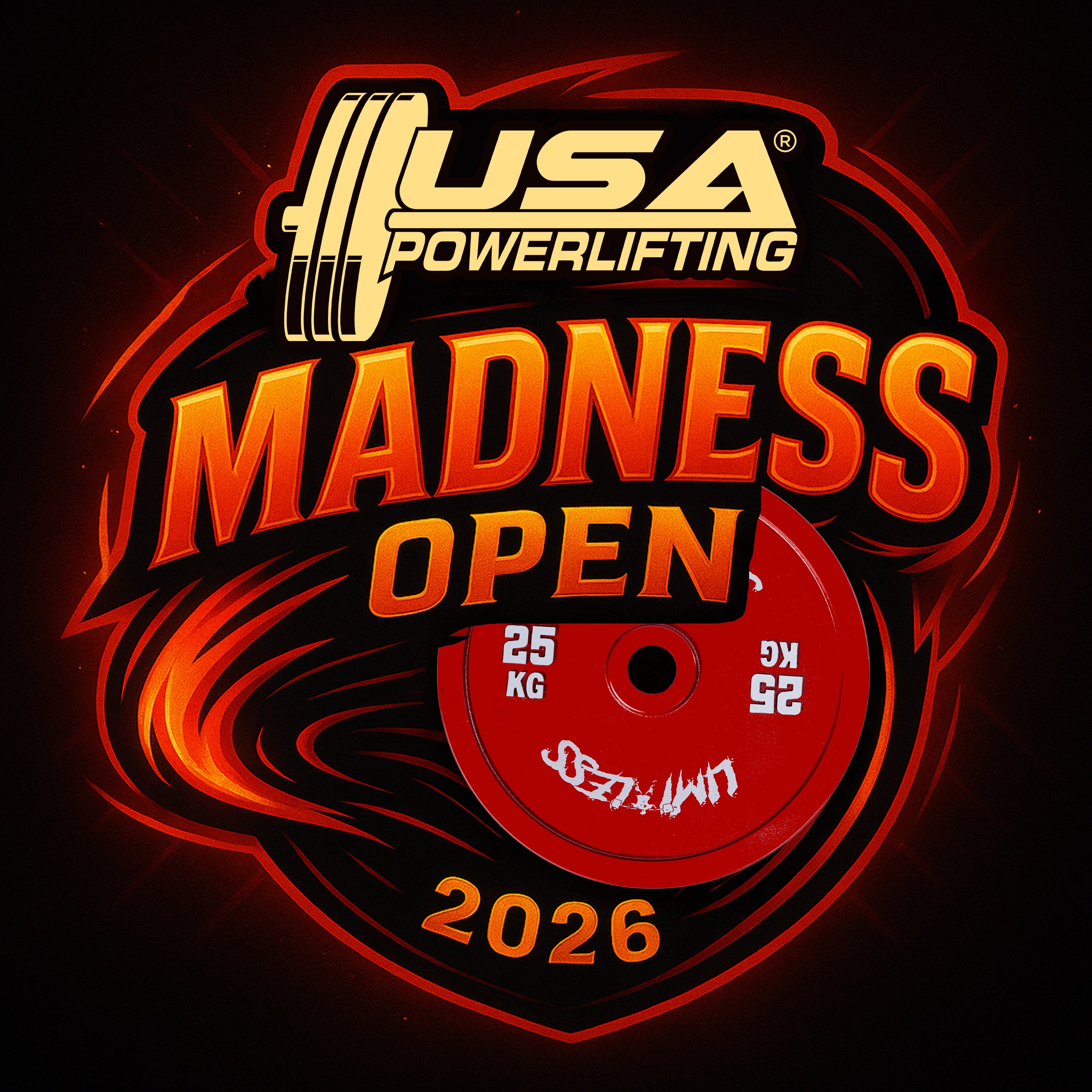 USA Powerlifting Madness Open 2026 logo with weightlifting elements on a dark background