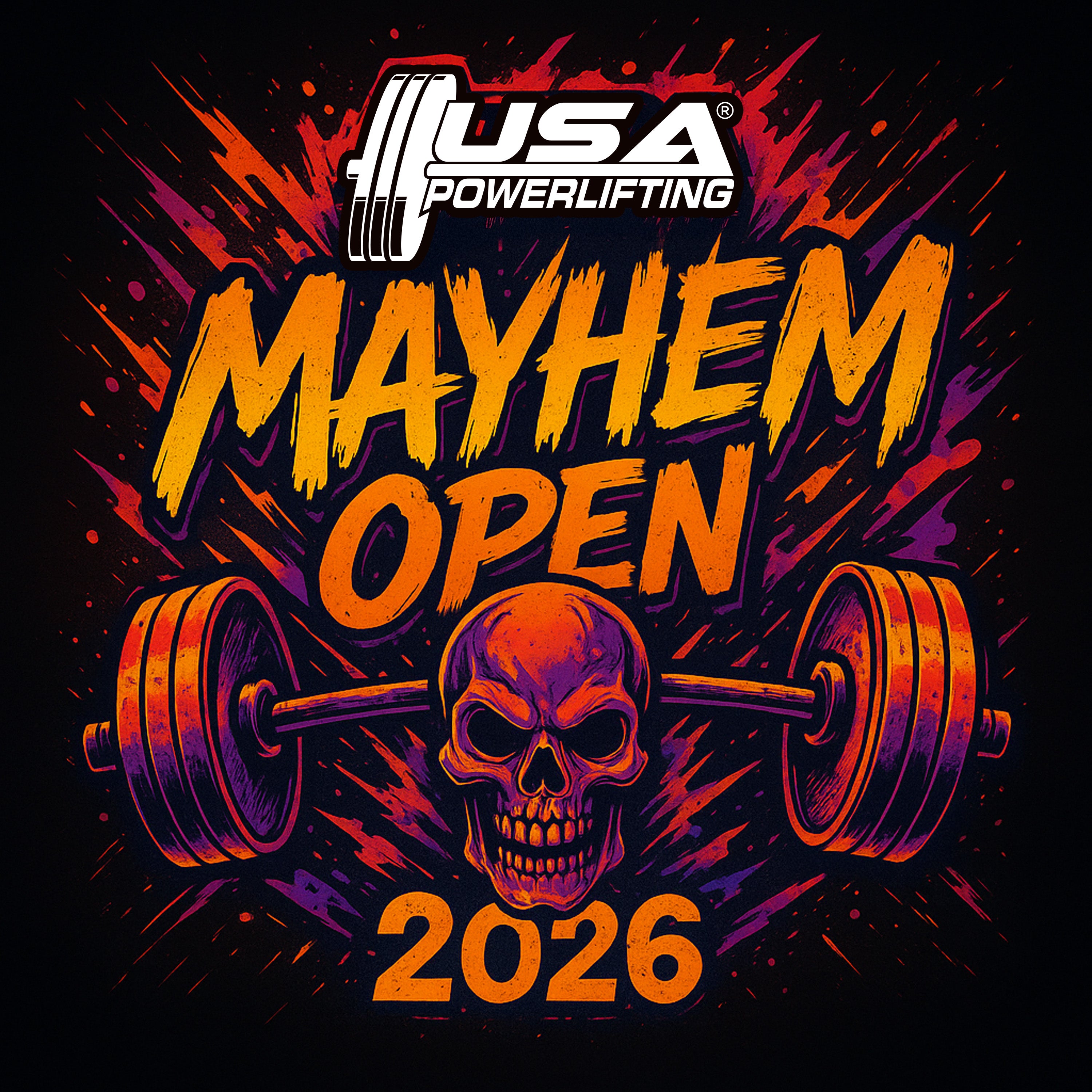 USA Powerlifting Mayhem Open 2026 logo with skull and barbell design on a dark background