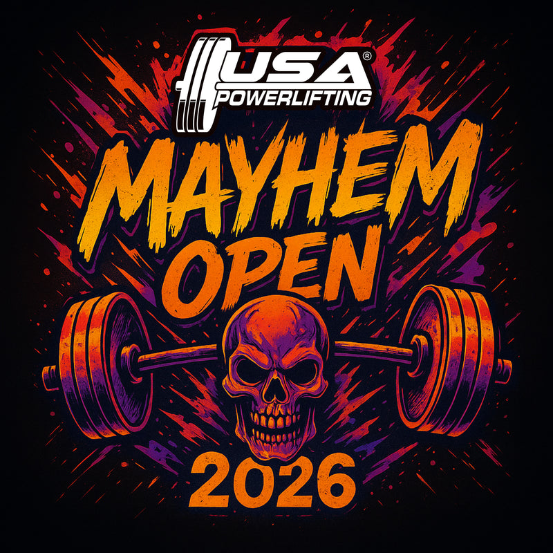 USA Powerlifting Mayhem Open 2026 logo with skull and barbell design on a dark background