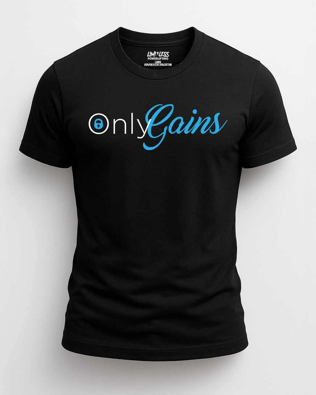 Black t-shirt with 'onlyGains' text on a white background