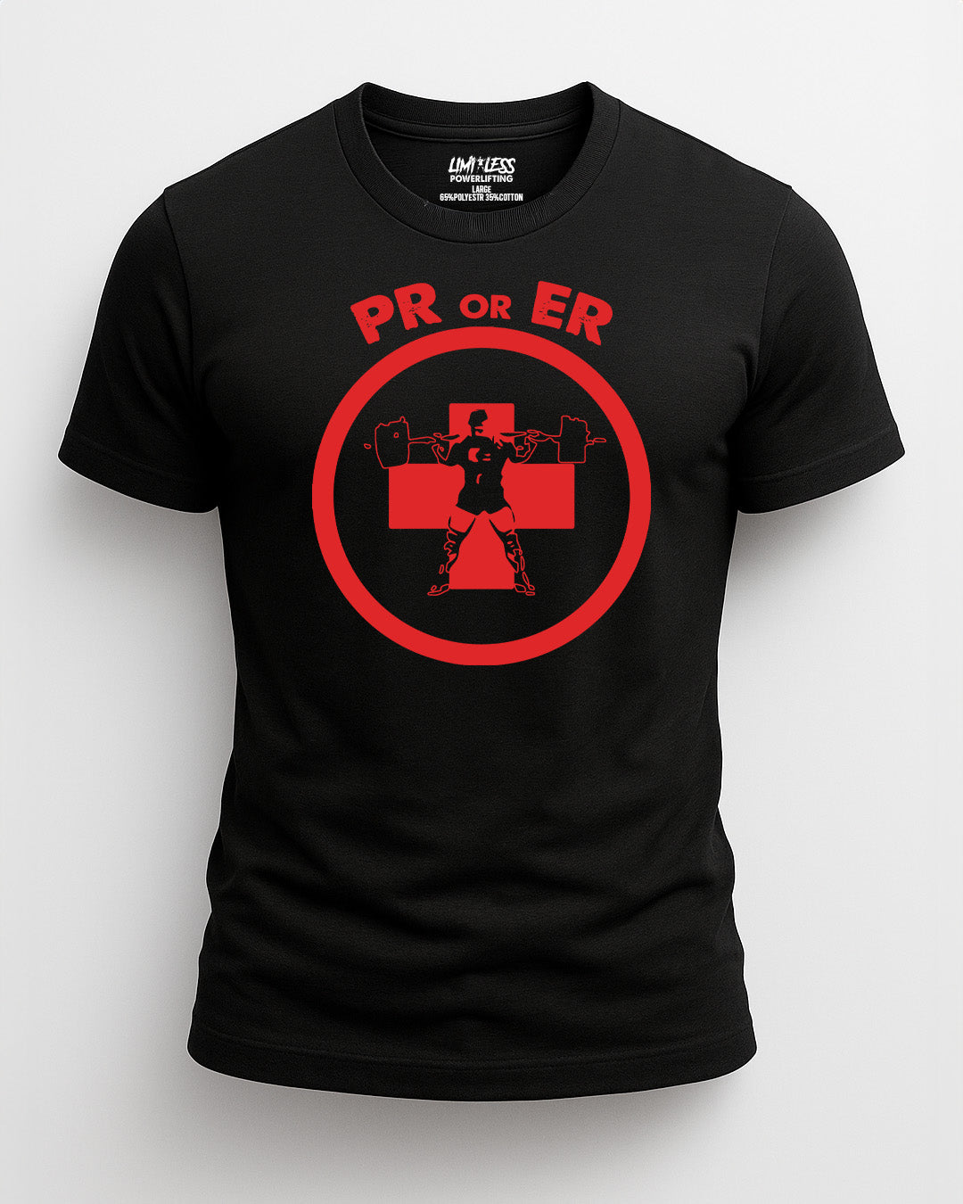 Black t-shirt with red graphic design and text on a white background PR or ER