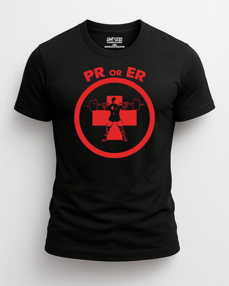 Black t-shirt with red graphic design and text on a white background PR or ER