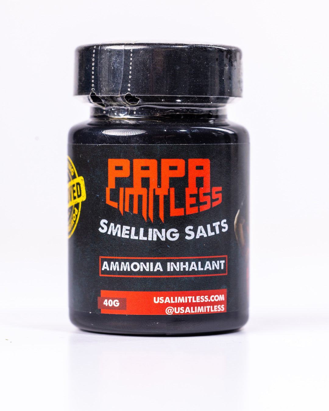 Black container of Papa Limitless Smelling Salts with red and yellow text on a white background