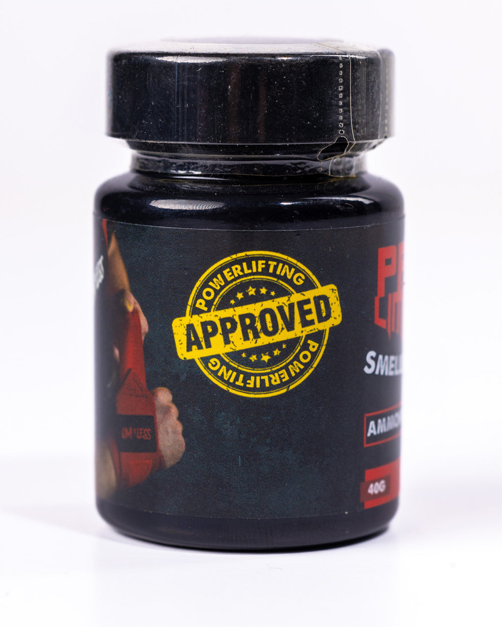 Black smelling salt bottle with 'Powerlifting Approved' label on a white background