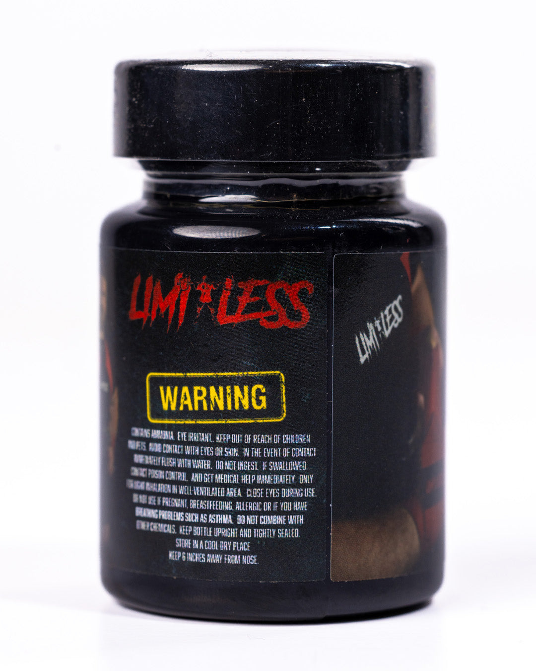 Black smelling salt bottle labeled 'Limitless' with warning text on a white background