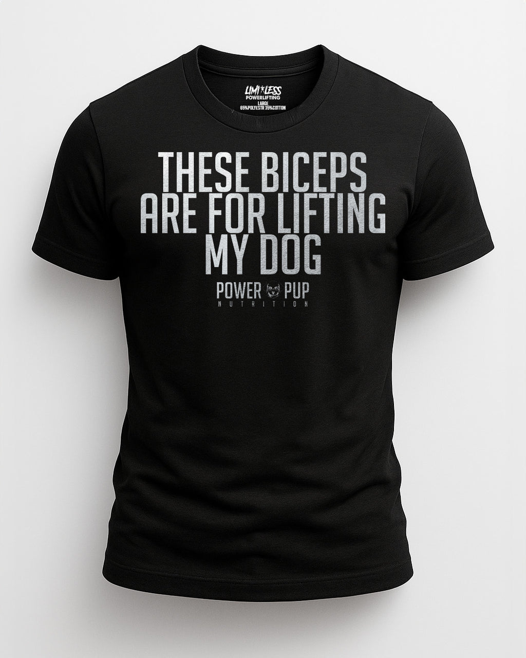 Black t-shirt with white text on a white background These biceps are for lifting my dog