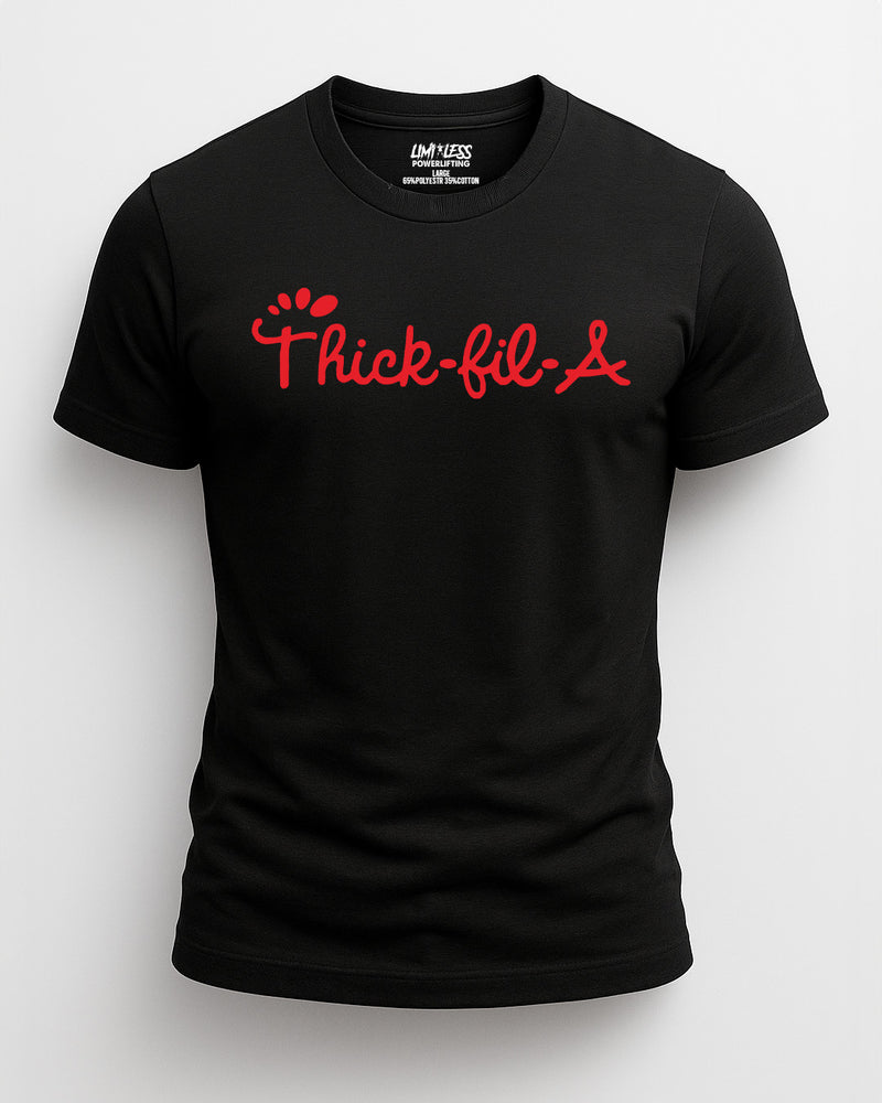 Black t-shirt with red 'Thick-fil-A' logo on a white background