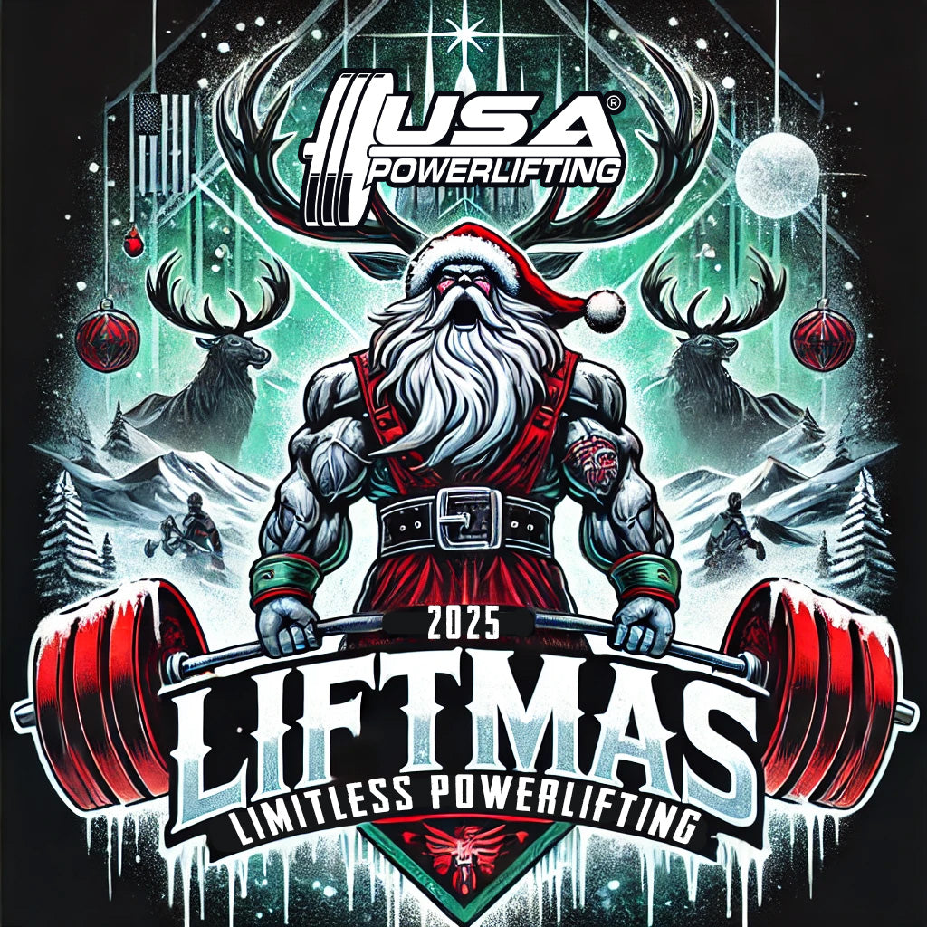 USA Powerlifting Liftmas Open Logo with santa claus deadlifting