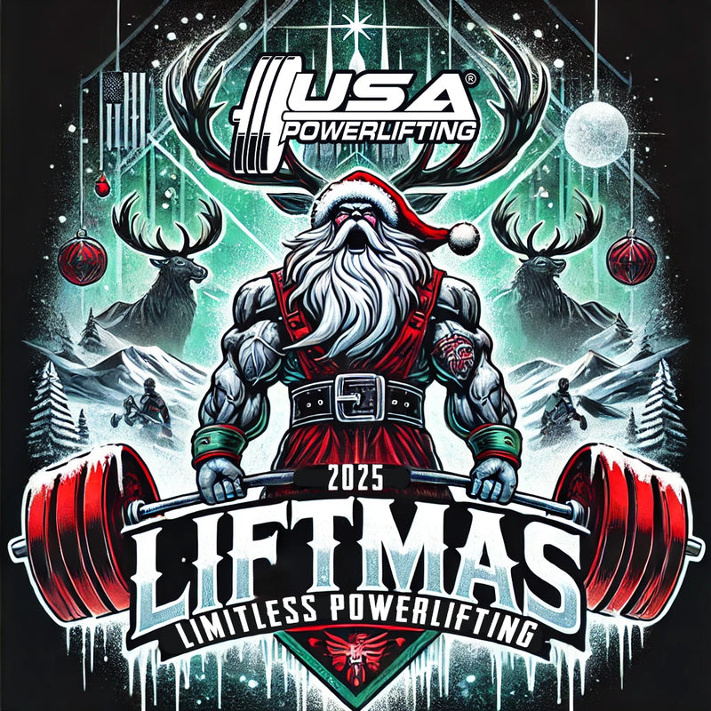 USA Powerlifting Liftmas Open Logo with santa claus deadlifting