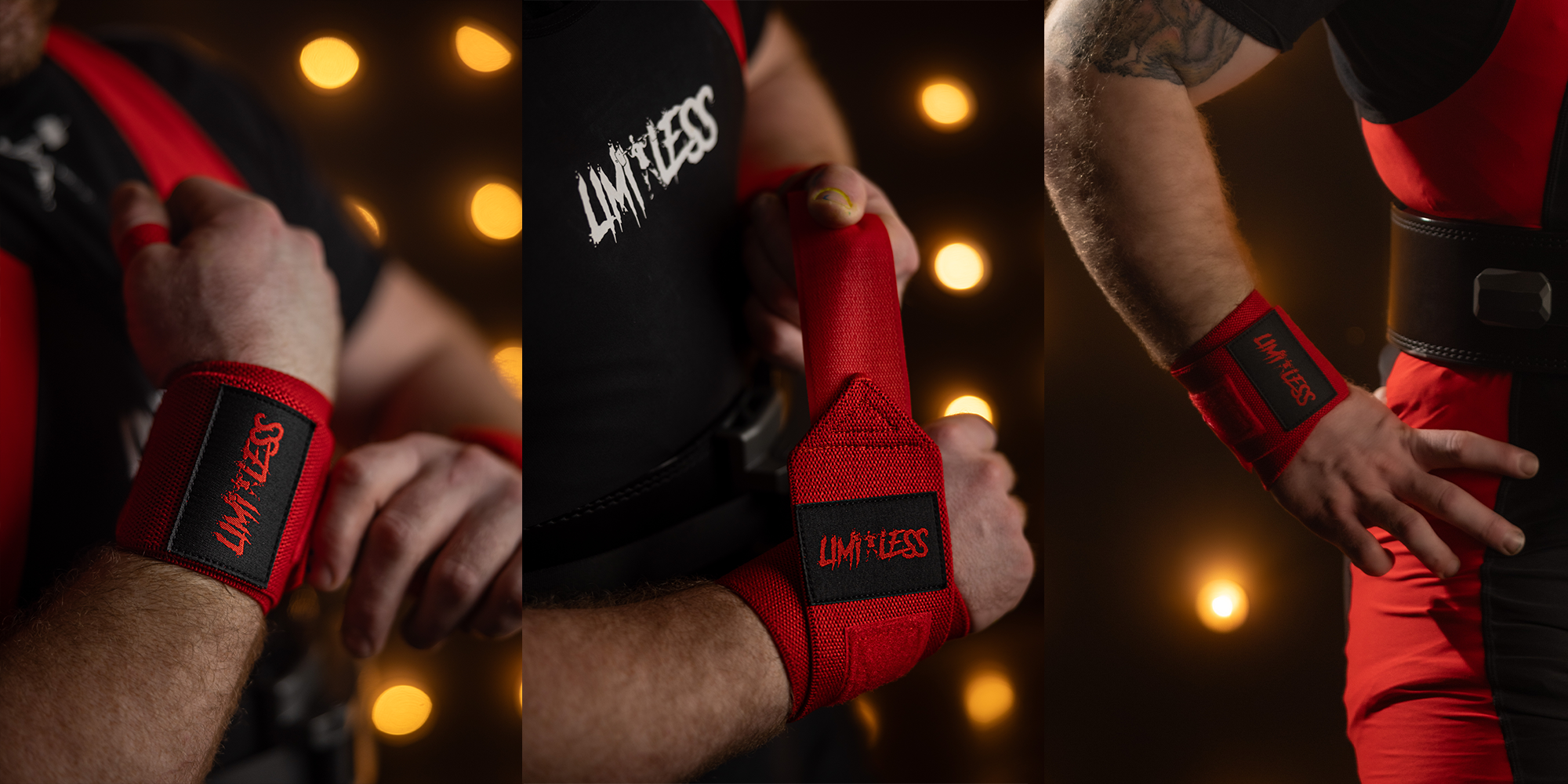 Person wearing red and black wrist wraps with 'Limitless' branding, surrounded by warm light bulbs.